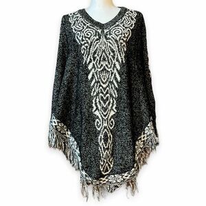 Jon & Anna Womens Grey Boho Poncho Sweater Fringe Edge Marble Black White Design